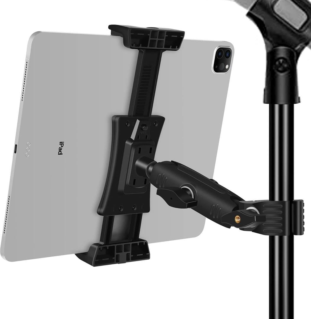 Ipad Holder for Mic Stand, Tablet Phone Holder Micophone Music Stand Mount Adjustable Rotatabe with Super Handle Clamp for iPad Pro 12.9 Air Mini, Android, 4 to 13.5inch iPhones and Tablets