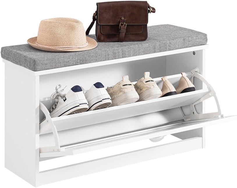 Haotian Small Shoe Cabinet Bench, Modern Shoe Storage Solution with Padded Cushion, 1 Flip Drawer for Narrow Entryway, White FSR195-W