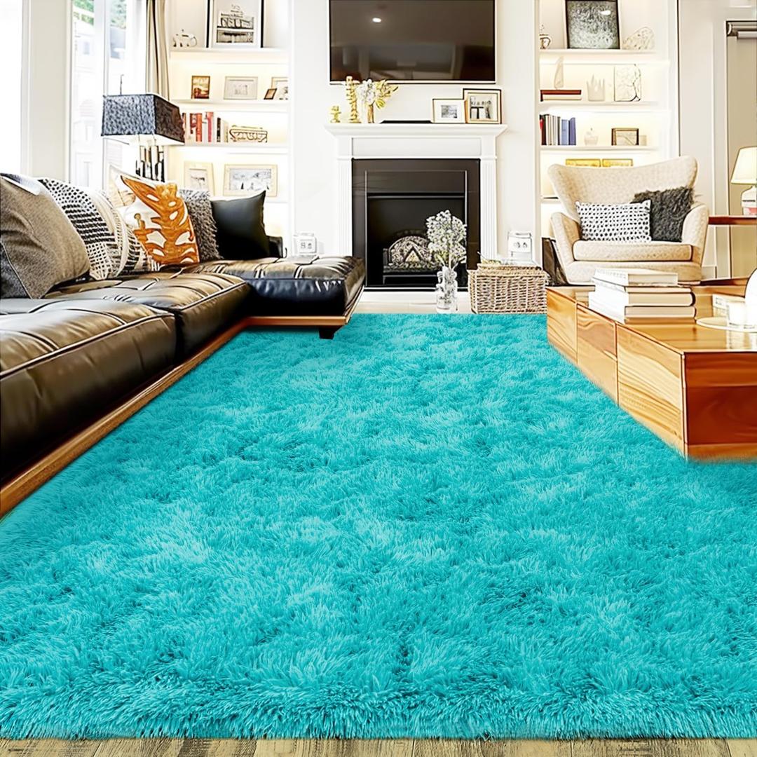 Extra Large Fluffy Area Rug for Bedroom Living Room, 9x12 Feet Teal Blue Modern Indoor Carpets Room Colorful Rugs, Plush Indoor Nursery Classroom Home Decor Bedside Rug with Non-Slip Bottom