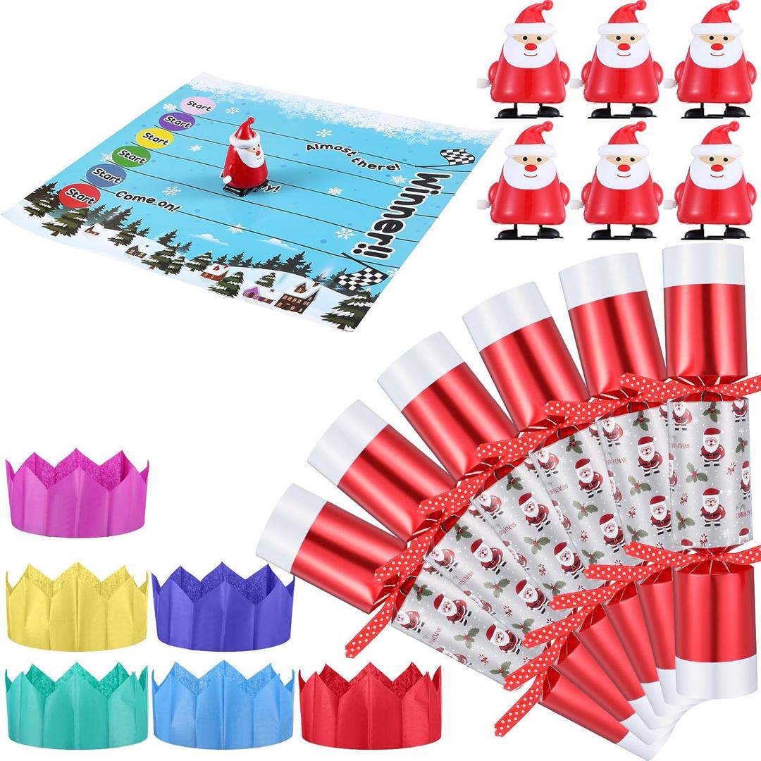 6 Packs Christmas Table Christmas No Snap Crackers with Wind up Santa Paper Hat Holiday Xmas Table Supplies Racing Game for Adults