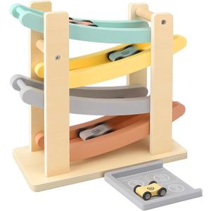 Joyreal Montessori Toys for 1 2 Year Old Boys and Girls - Soft Color Wooden Car Ramp Race Track Set with 4 Mini Cars & Garage - Christmas Birthday Gifts for Toddlers 1-3 Year Old