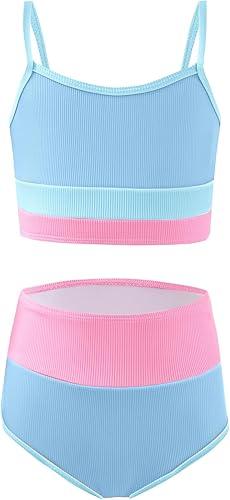 Girls Swimsuits 2 Piece Color Block Bikini Sets with Chest Pad S