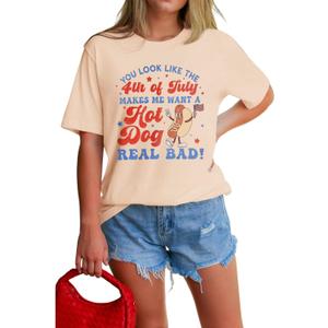4th of July Shirt Women Patriotic Hot Dog American Flag T-Shirt Independence Day Funny Graphic Short Sleeve Tee Tops (S)