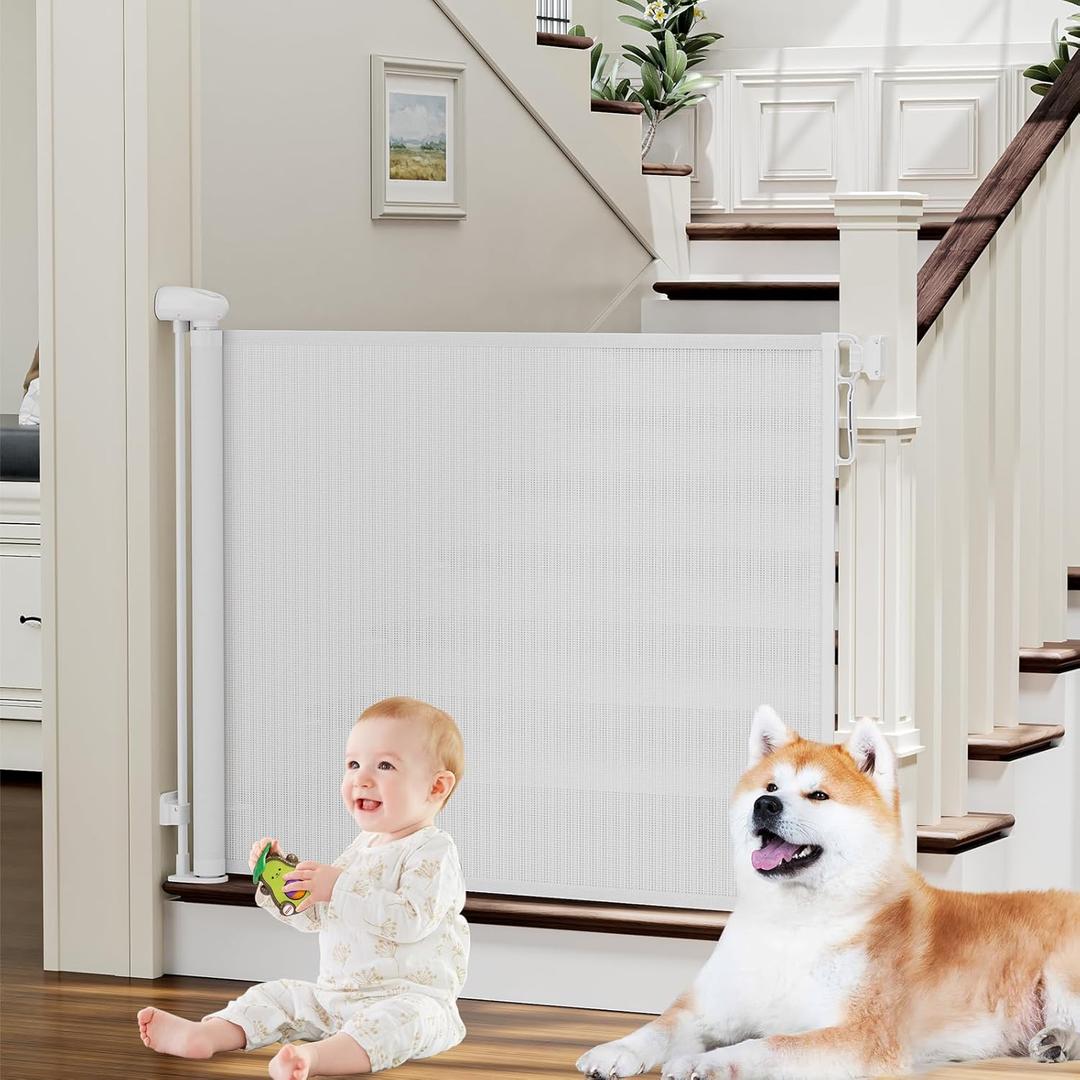 PRObebi Retractable Baby & Dog Gate - Extends to 54" Wide, 34" Tall - Stair, Doorway & Hallway Use (34" Tall x 54" Wide, B-white)