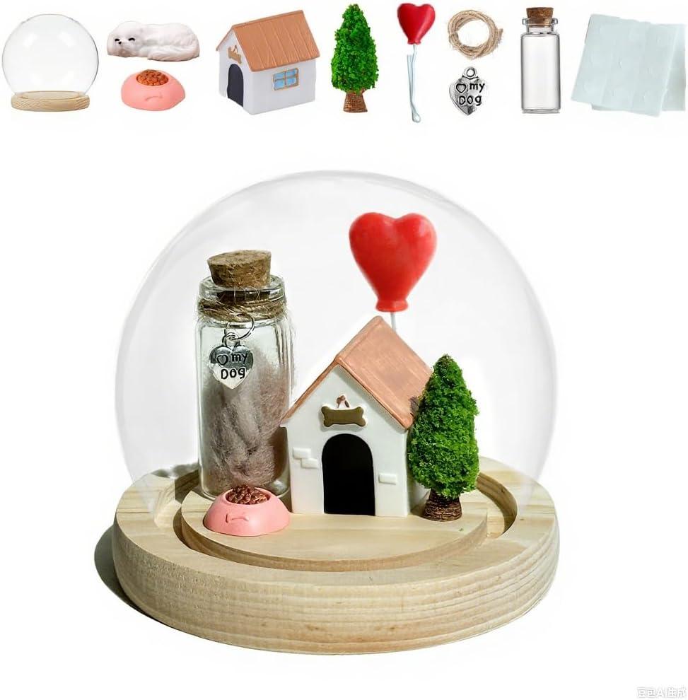 Pet Hair Memorial Bottle with Miniature Doghouse Kit, Dog Cat Fur Memorial Keepsake Glass Ball, Pet Hair Fur Ash Storage Urn with Mini Dollhouse DIY, Dog Memorial Gifts for Pet Loss