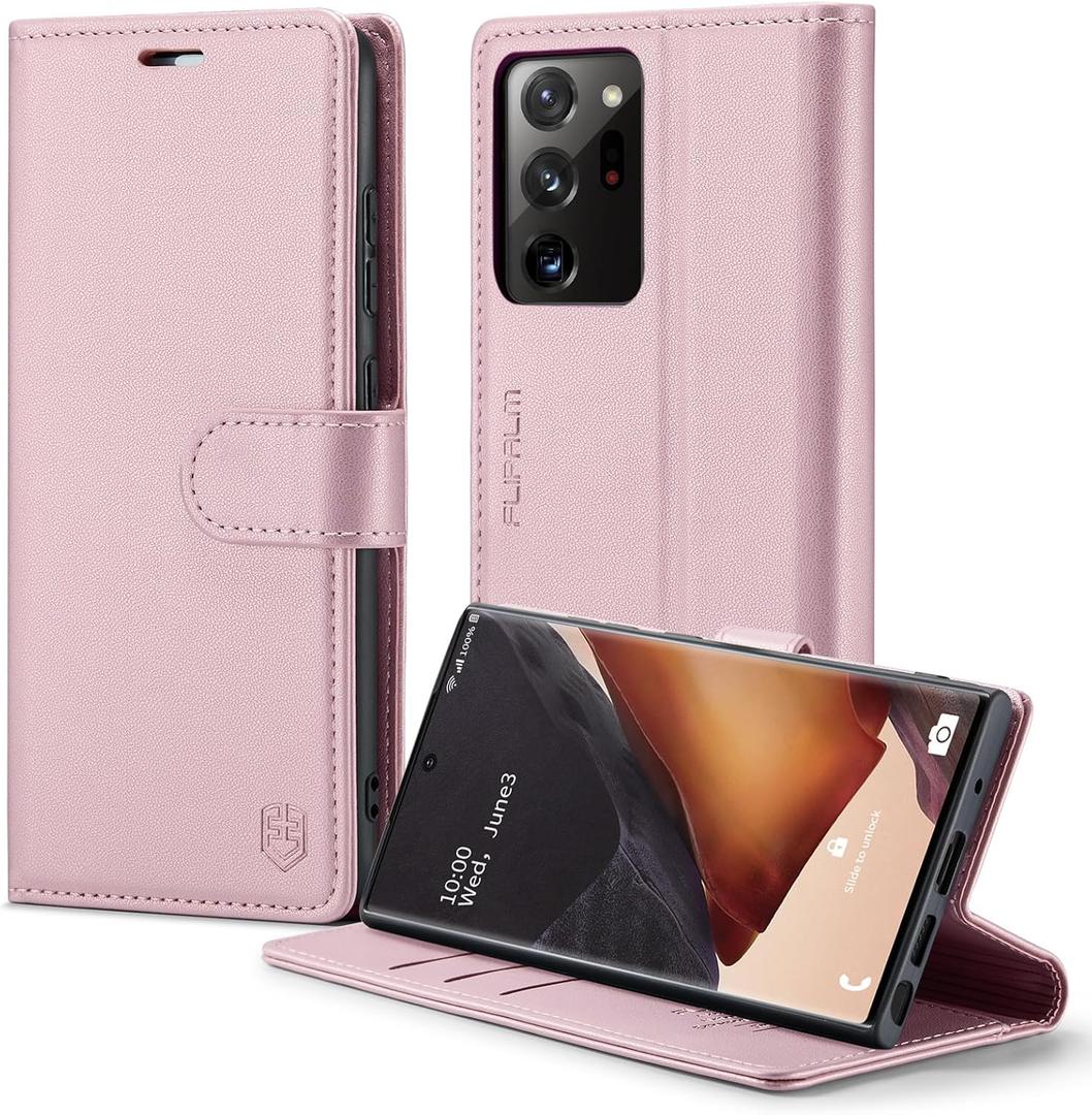 FLIPALM Wallet Case for Samsung Galaxy Note 20 Ultra 5G, RFID Blocking Credit Card Holder, PU Leather Folio Flip Kickstand Protective Shockproof Cover for Women Men (Rose Gold)