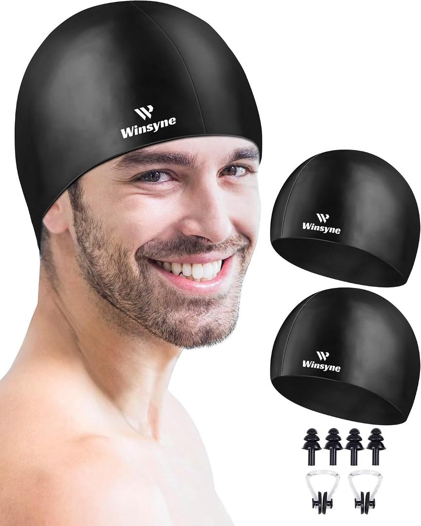2 x 2 Pack Silicone Swim Cap for Men Women, Unisex Adult Swimming Caps for Short/Long Hair to Keep Hair Dry, Waterproof Bathing Caps for Swimming with Ear Plugs & Nose Clip Set