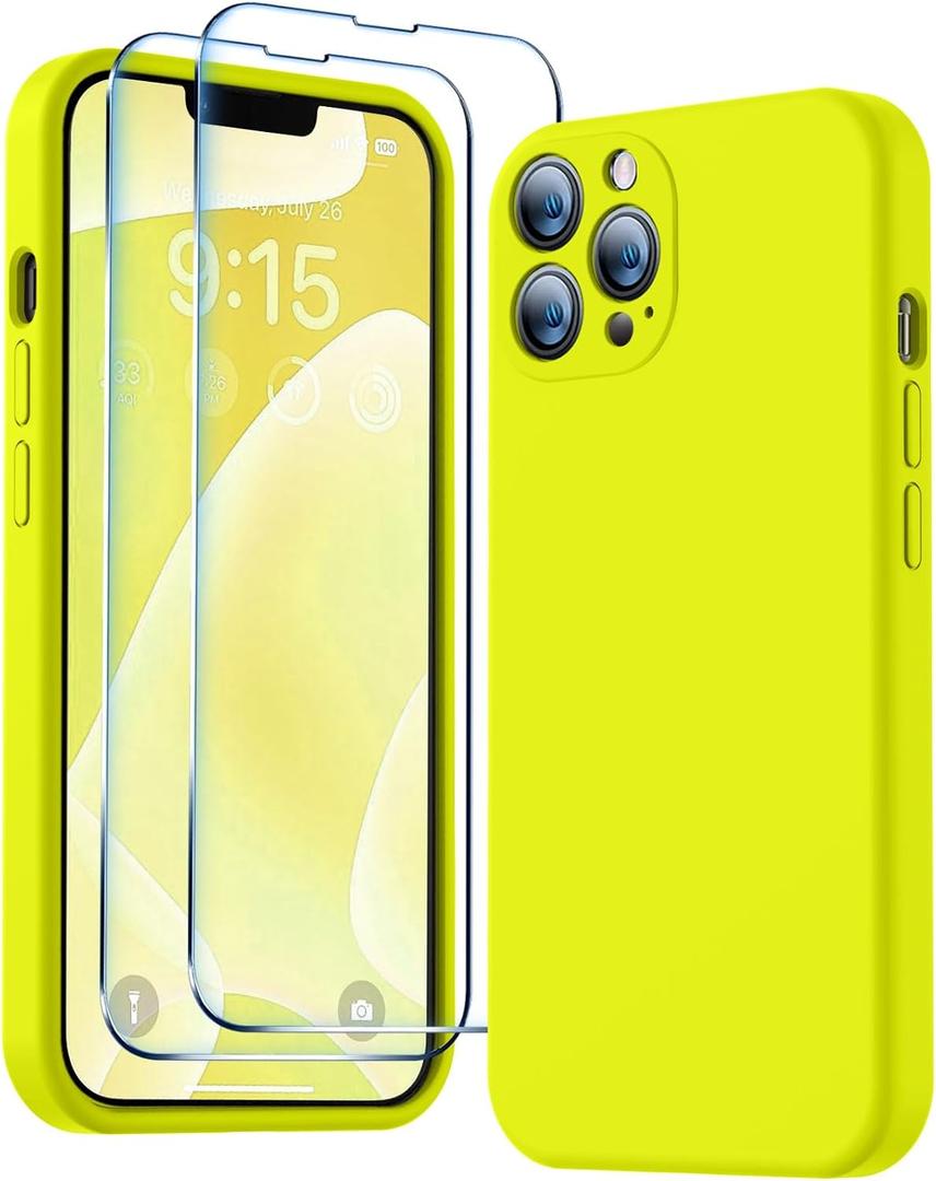 BossKiss Compatible with iPhone 13 Pro Case, Premium Silicone Upgraded [Camera Protection] [2 Screen Protectors] [Soft Anti-Scratch Microfiber Lining] Phone Case for iPhone 13 Pro 6.1'' - Neon Lemon