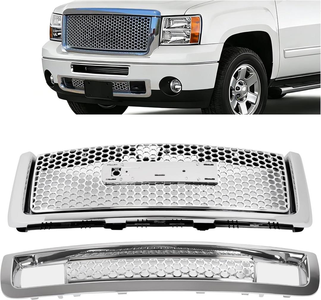 ALMULOO Front Grill Compatible with 2007-2013 GMC Sierra 1500 New Body Style Models Only Upper & Lower Bumper Grille Chrome Silvery