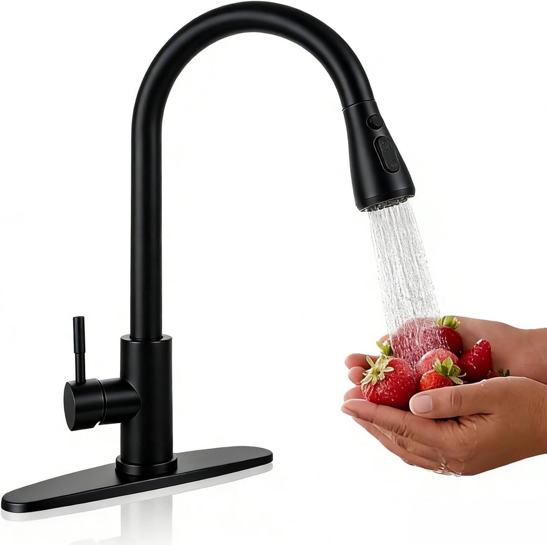 Black Kitchen Sink Faucet with Pull Down Sprayer High Arc Single Handle Stainless Steel Suitable for 1 or 3 Hole Kitchen Sink Faucet with Long 20.5 inches Retractable Hose for Laundry Rv Bar Outdoor