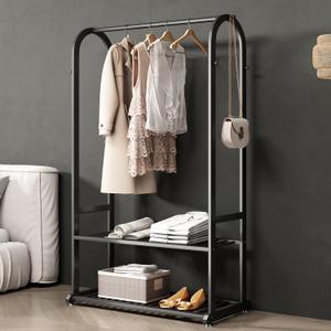 Heavy duty clothes rack,Metal Clothing rack for hanging clothes,garment rack with bottom shelves and 6 side hooks for bedroom cloakroom(black, L:39.4)
