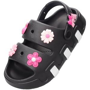 GIWONET Kids Girls Slide Sandals Double Buckle Toddler Water Clogs Summer Beach Pool Outdoor Slip on Shoes Shower Clouds Slippers, Black, 1-2 Big Kid