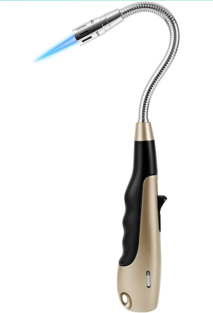 Butane Lighter Torch Long Jet Flame Windproof Lighter with Visual Fuel Window for Fireplace Kitchen Grill BBQ Camping, Gold (No Butane Included)