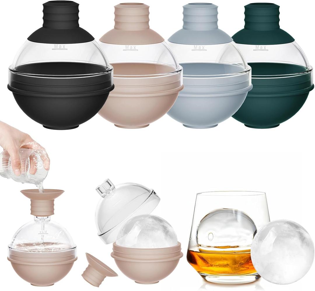 Large Ice Ball Molds for Whiskey & Cocktails with Funnel Lid - Big Sphere Ice Cube Trays for Drinks, Bourbon, and Wine, Silicone Round Ice Maker for Freezer (Set of 4) - Reusable Easy-Release Ice Tray