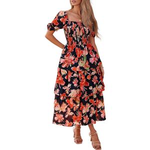 BTFBM Women's Square Neck Smocked Dress Summer Puff Short Sleeve Floral Casual Ruffle Tiered Maxi Wedding Guest Dresses (Medium, Floral Black Orange)