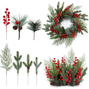 200 Pcs Christmas Artificial Pine Needles Branches Garland Berries Stems Greenery Picks with Pinecone Artificial Pine Picks with Berries and Natural Pinecones for Xmas Wreath DIY(Red)