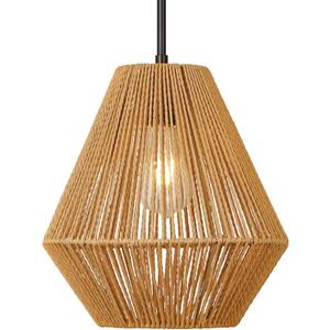 LynPon 12“ Boho Rattan Pendant Light with Rod Hanging, Black Boho Light Fixture with Hanging Lamp Shade, Farmhouse Coastal Wicker Pendant Light for Kitchen Dining Room Bedroom Hallway Foyer Bathroom