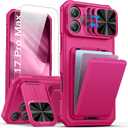 SSLOTSCASE for iPhone 17 Pro Max Case with 2X Screen Protector, [9H Hardness] Military Grade Shatterproof, Card Holder & Kickstand & Slide Lens Cover, Heavy Duty Phone Case for iPhone 17 Pro Max, Pink