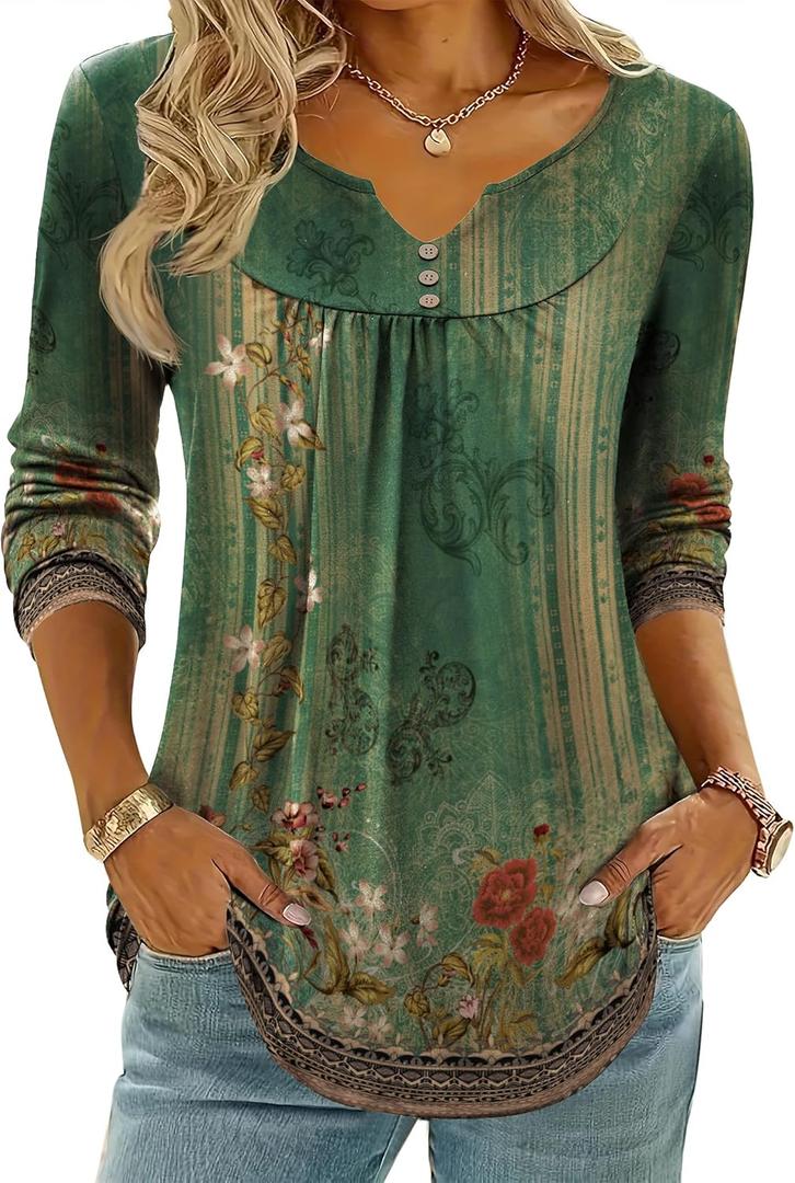 Zeagoo Womens Tops Long Sleeve Shirts Boho Tops for Women 2025 Fall Blouses Ladies Sweatshirts Winter Fashion Clothing (3X-Large, A01-green Print)
