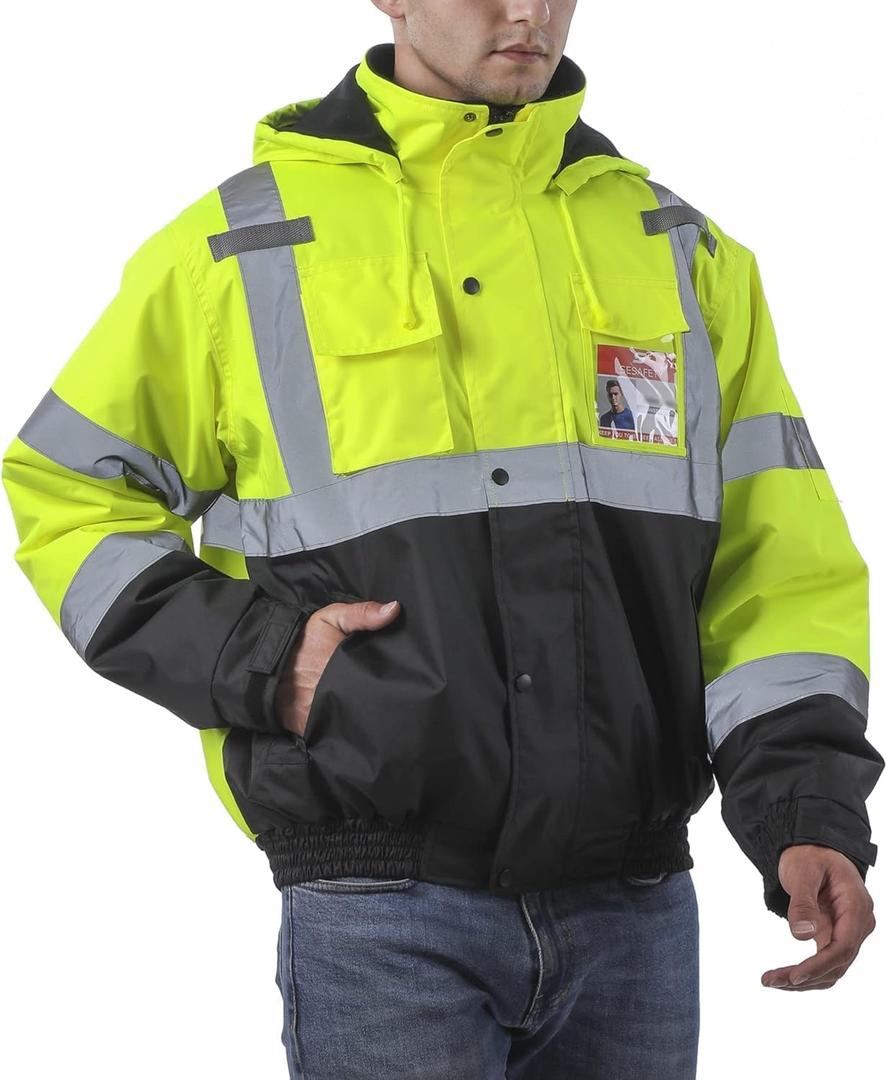 sesafety Reflective Jacket for Men, High Visibility Jackets, Safety Jackets for Men, Hi Vis Construction Bomber Jackets Waterproof with Pockets and Zipper, Black Bottom, Class 3 (Large, Yellow)