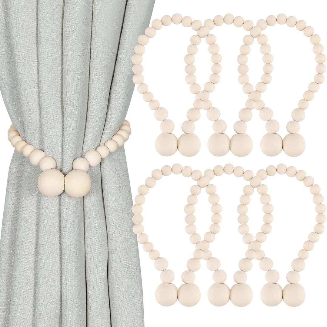 Magnetic Curtain Tiebacks, Curtain Tie Backs for Curtains 6 Pack, Wood Bead Curtain Tiebacks, Curtain Holders for Boho Bedroom Decor, Baby Nursery Decor, Farmhouse Decor