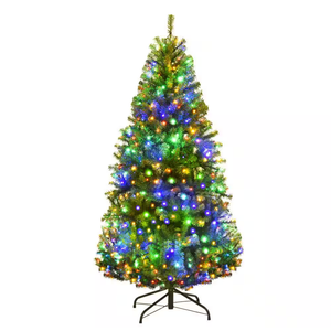 4FT Pre-Lit Artificial Christmas Tree, Hinged Xmas Full Tree with 100 Dual-Colored LED Lights, 11 Flash Modes, 300 PVC Branch and Foldable Base, for Indoor Holiday Decor