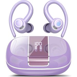 Wireless Earbuds Bluetooth 5.3 Headphones Sports, 48H Earphone with ENC Mic, Stereo Deep Bass Bluetooth Earbuds with Secure Earhooks, LED Display, IPX7 Waterproof Over Ear Buds for Running/Gym Purple