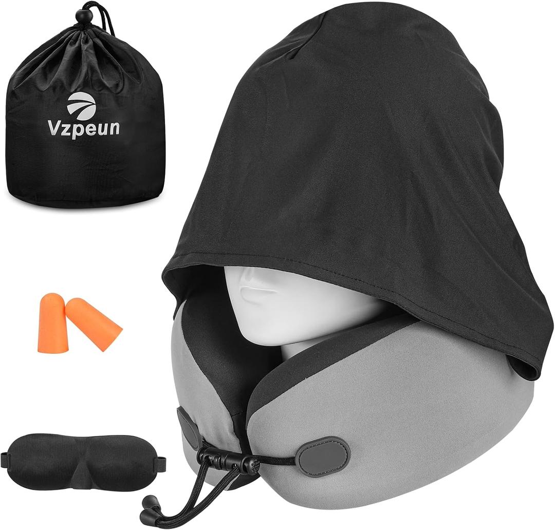 Vzpeun Neck Pillow for Travel - Hooded Memory Foam Plane Pillow for Airplane, Office, Cars Sleeping, Long Flight Must Haves, Portable Road Trip Essentials for Adults Gray