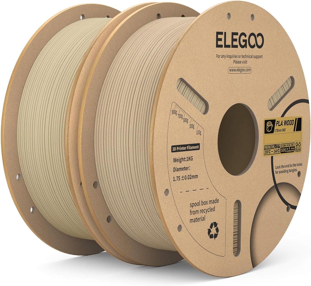 ELEGOO PLA Filament 1.75mm Oak Wood & Tan Birch 2KG, Real Wood Flour Added 3D Printer Filament, 2pcs 1kg Spool(2.2lbs) Fits for Most FDM 3D Printers