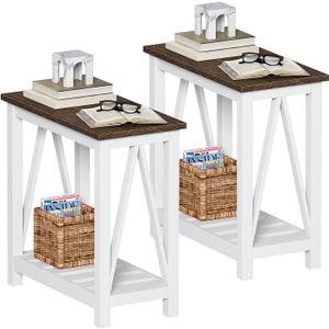 ChooChoo Farmhouse End Table Set of 2, Rustic Vintage Narrow End Side Table with Storage Shelf for Small Spaces, Nightstand Sofa Table for Living Room, Bedroom White
