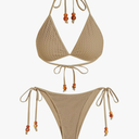 ZAFUL Women Bikini Set Two Piece Textured Beaded Tie Back Halter Cheeky Swimsuit Bathing Suit S, Coffee