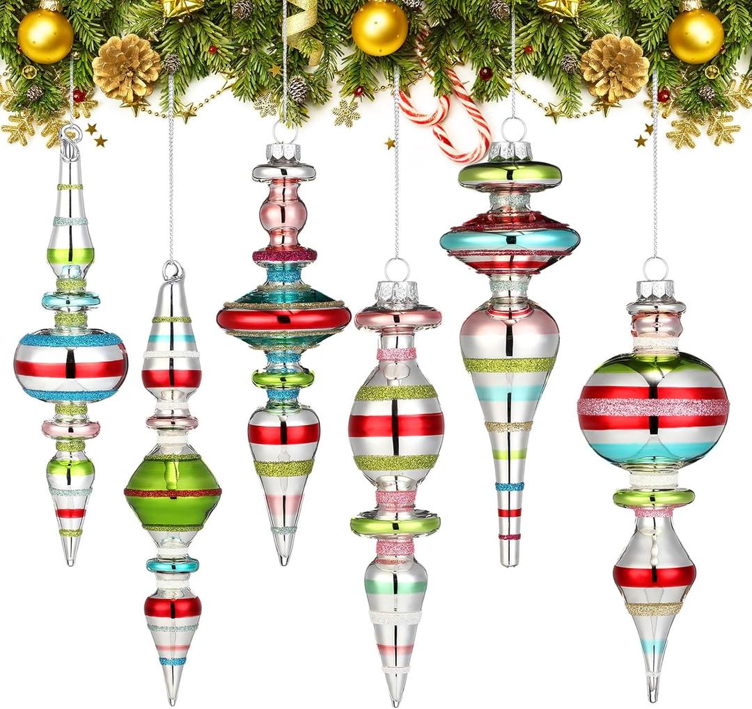 Soulchen 6 Pcs 6.3 Inch Glass Finial Christmas Ornaments Silver Drop Hanging Christmas Tree Hanging Ornament Vintage Finials Glass Assorted Mercury Decor for Xmas Tree Party Holiday Decoration