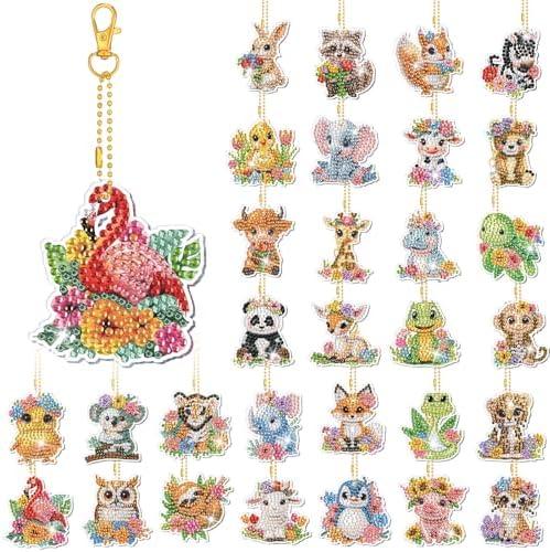 WILLBOND 30 Pcs Spring Animal Diamond Art Keychain Kits for Adults Double Sided Watercolor Animal Small Diamond Art Kits 5D Rhinestone Painting Hanging Ornaments for DIY Crafts Gifts Decor