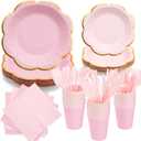 Pink Paper Plates and Napkins Party Supplies for 24 Guest, 168Pcs Pink Scalloped Mother's Day Party Plate with Gold Rim, Pink Disposable Plates Set for Girls Birthday Party Baby Shower Gender Reveal