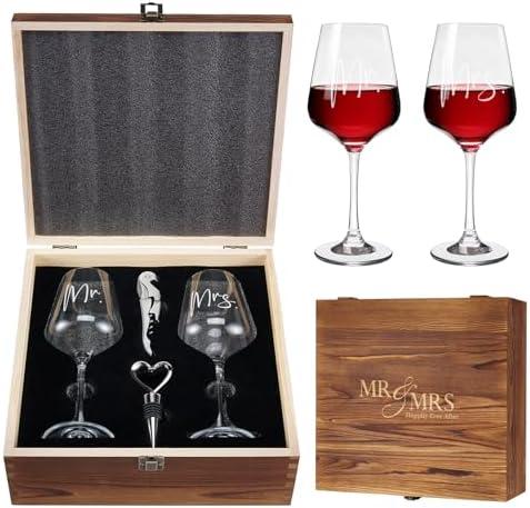 AW BRIDAL Mr and Mrs Wine Glasses Wedding Gifts for Couples 2026, Engagement Gift for Newly Engaged Couple, Bridal Shower and Bachelorette Gifts for Bride, Wine Opener Stopper and Wooden Keepsake Box