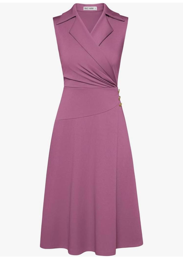 GRACE KARIN 2025 Women's Notch Lapel Ruched Wrap V Neck Business Work Dress Sleeveless A Line Midi Dress, L