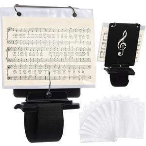 Flute Lyre Flip Folder for Marching Band, 12 Pcs Waterproof 7.5 x 6.5 inches Double Sided Flip Folio Folder Pages with 2 Holes Adjustable Sheet Music Stand Holder for Clarinet Trumpet(White)
