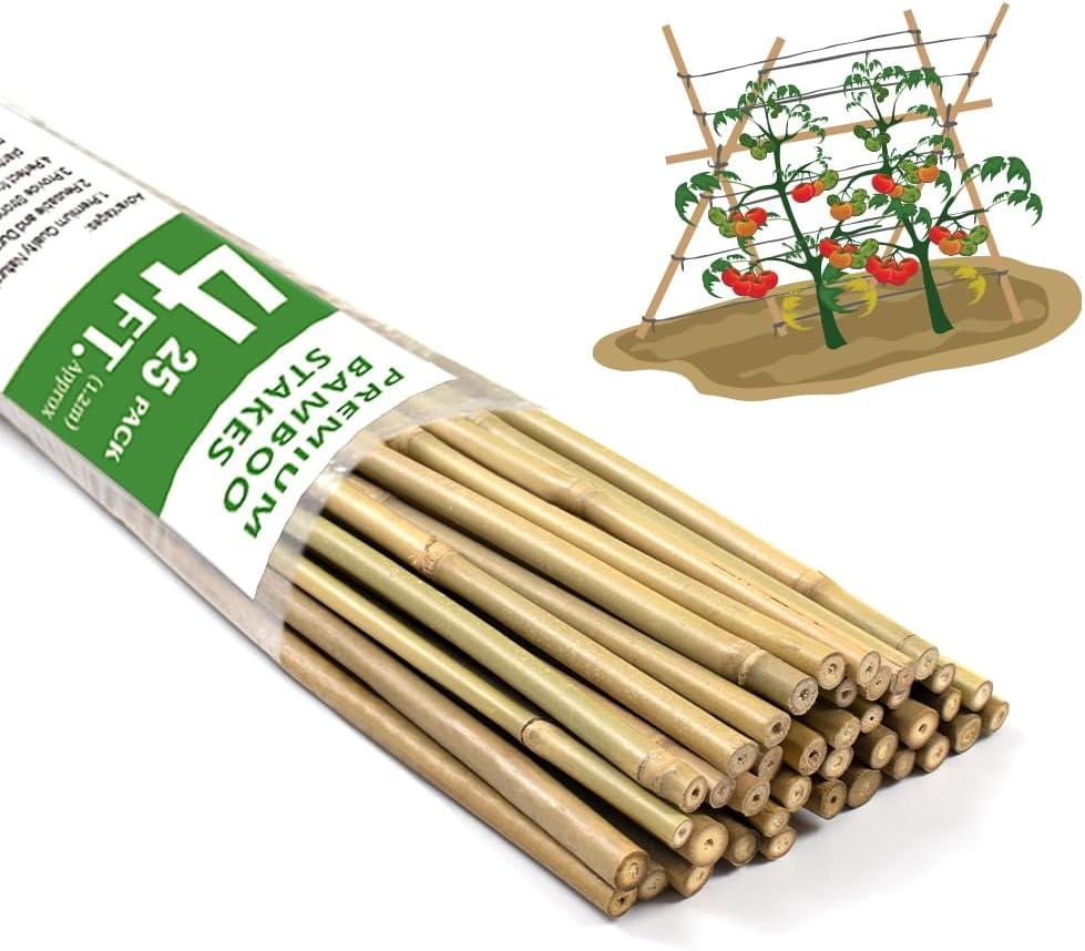 Bamboo Stakes, 4FT Natural Bamboo Garden Stakes, BOVITRO 25Pcs Plant Stakes, Bamboo Sticks for Tomato, Beans, Vegetable and Climbing Plants