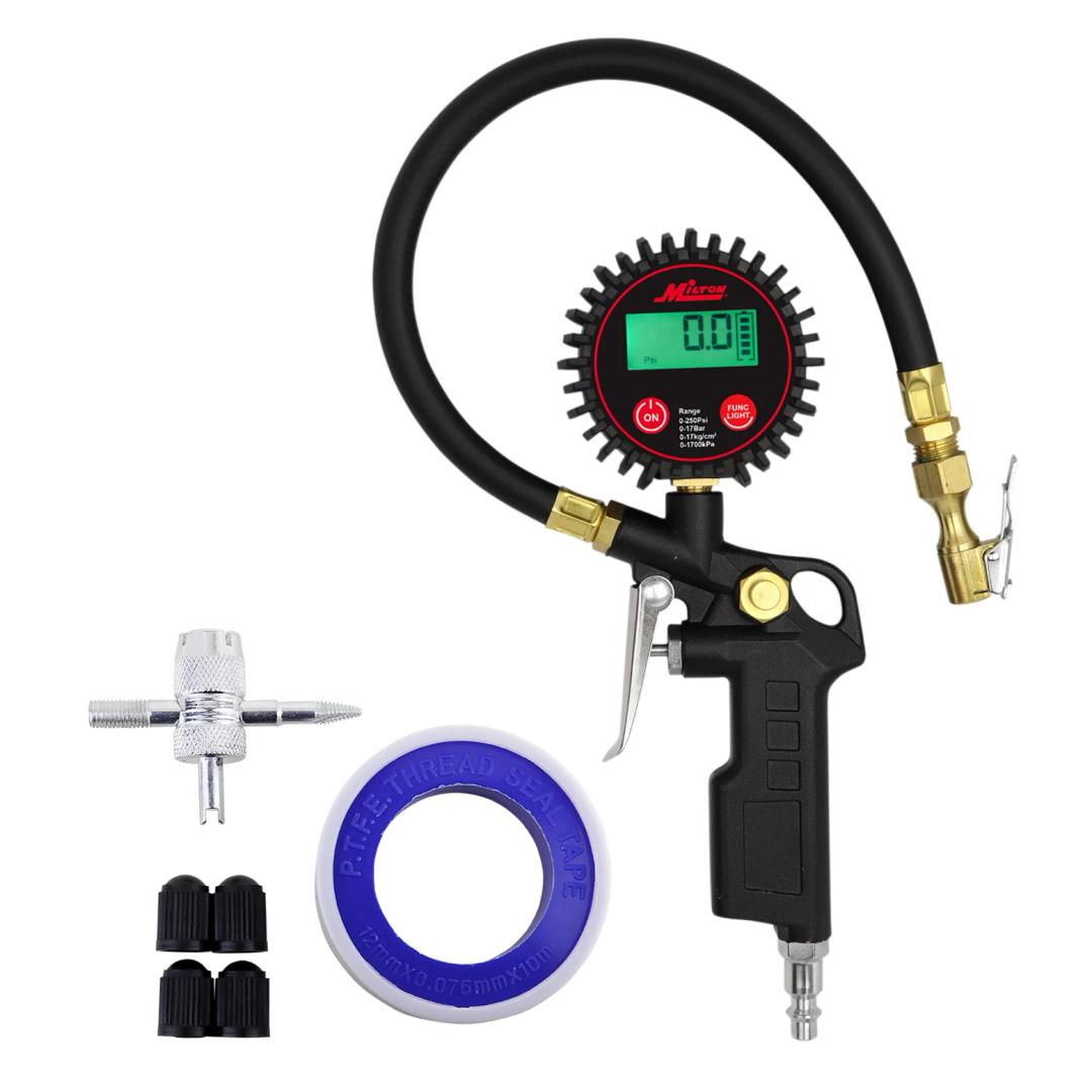 Milton 507KIT Digital Tire Inflator Car Accessories w/Accurate Air Tire Pressure Gauge, 14” Rubber Air Hose – 250 PSI, Brass Lock-On Clip Air Chuck and Compressor Accessories