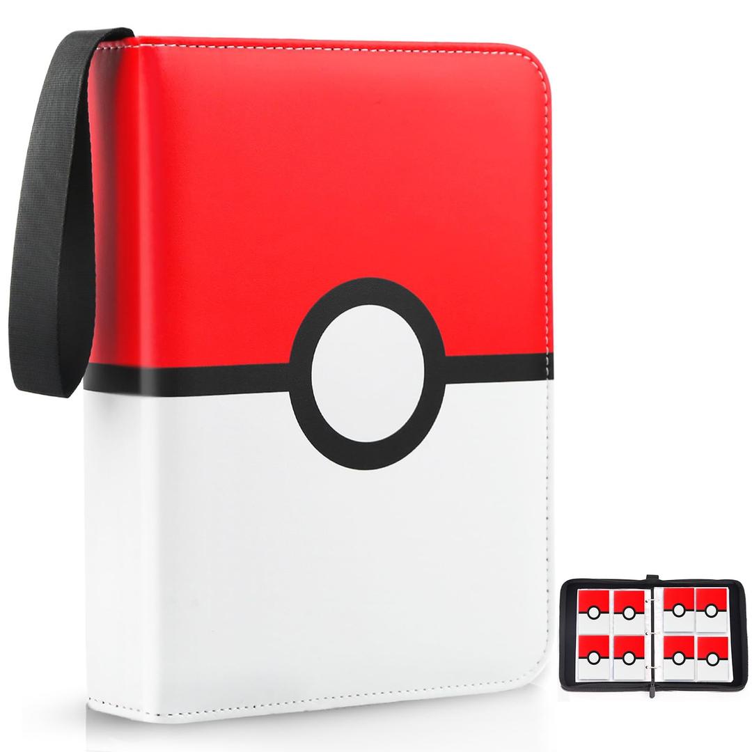 Card Binder 4 Pocket, Trading Card Holder Fits 400 Cards With 50 Removable Sleeves, Portable Collection Card Ablum, Game Card Case book With Zipper for Gift, Red