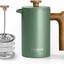 POLIVIAR French Press Coffee Maker, 21 oz Coffee Press with Real Wood Handle, Double Wall Insulation & Dual-Filter Screen, Food Grade Stainless Steel for Good Coffe and Tea, JX2024-SFPN (Green)