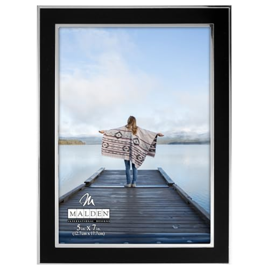 Malden International Designs Black Sleek With Silver Inside Border Picture Frame, 5x7, Black