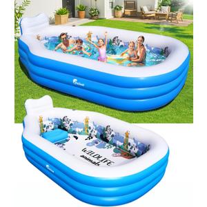 Large Inflatable Swimming Pool for Kids and Adults,Thickened Adult Pool for Backyard with Seat and Backrest, Kids Outdoor Blow up Pools,118"X75"X22"Inflatable Pools for Summer (Sky Blue)