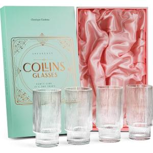 Vintage Art Deco Collins Ribbed Cocktail Glasses | Set of 4 | 14 oz Crystal Highball Glassware for Drinking Mojito, Tom Collins, Classic Hi Ball Bar Drinks | Skinny Tall Barware Tumblers