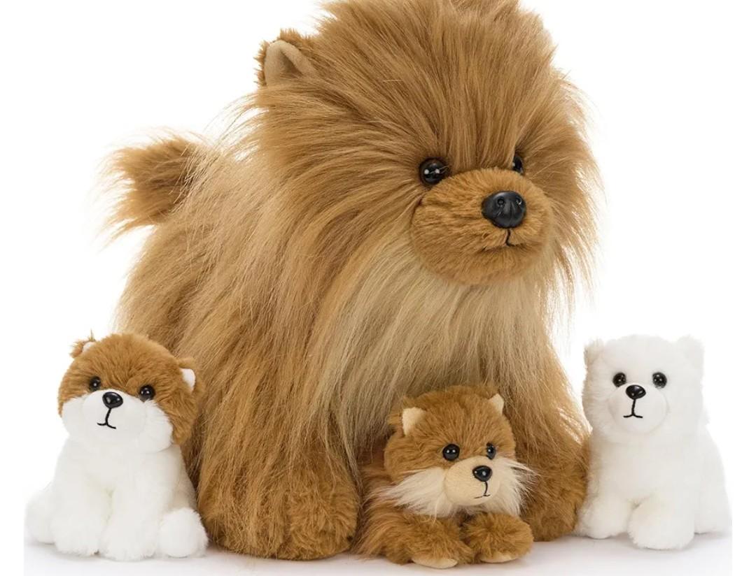 Tezituor Pomeranian Stuffed Animal Plush Toy,13.8" Realistic Dog Plush with 3 Puppies Cute Fluffy Dog Plushie Birthday Party Gift for Boys Girls