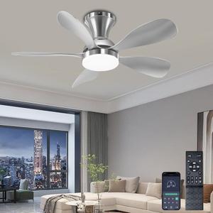 Ceiling Fans with Lights, 33 Inch Low Profile Ceiling Fan with Light and Remote Control, Flush Mount, 3CCT, Dimmable, Noiseless, Reversible, Silver Small Ceiling Fan for Bedroom Indoor/Outdoor Use