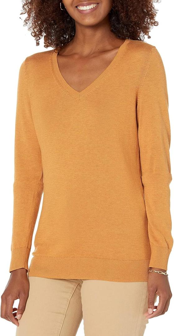 Women's Classic-Fit Lightweight Long-Sleeve V-Neck Sweater, Mustard Heather, X-Small