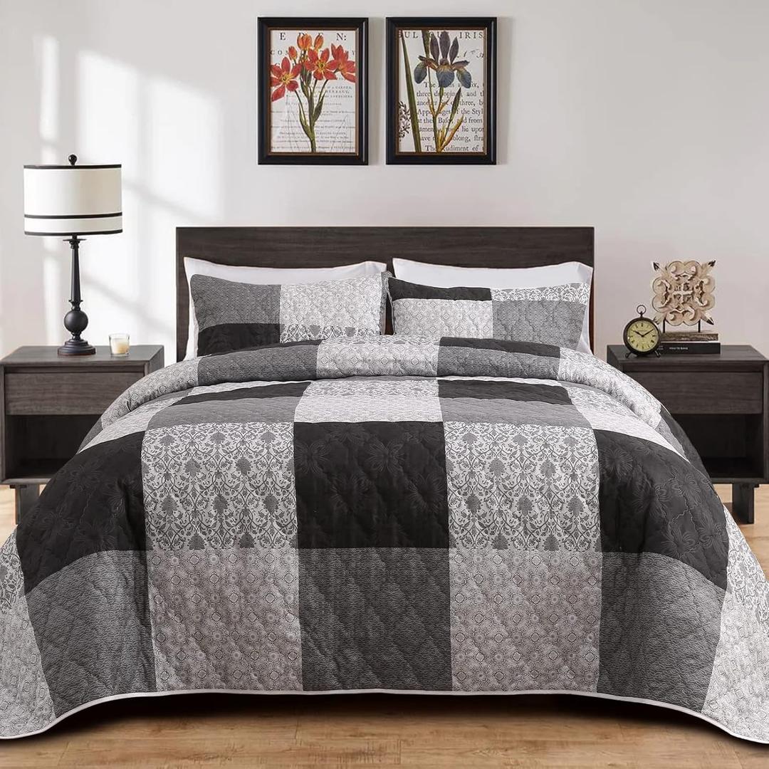 BALAPET Oversized King 128x120 Bedspread for California King Bed, Patchwork Plaid Grey Black Coverlet Set with 2 Matching Shams, Soft Lightweight Quilted Bedding Set for All Season