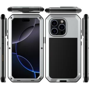 Marrkey for iPhone 16 Pro Max Metal Case 6.9",Heavy Duty Shockproof Aluminum Alloy Tough Armour Military Phone Case,360 Full Body Protective Cover with Silicone Built-in Screen Protector - Silver
