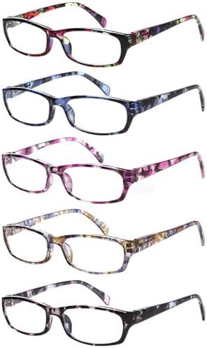 Kerecsen Reading Glasses 5 Pairs Fashion Ladies Readers Spring Hinge with Pattern Print Eyeglasses for Women (Mix Color + 2.50)